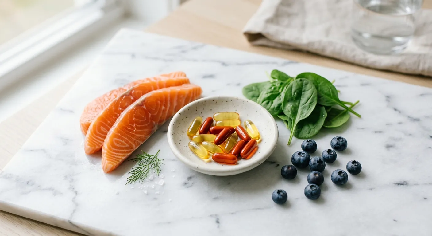 護眼營養素:葉黃素(金黃色)與蝦紅素(紅色)膠囊搭配天然食材