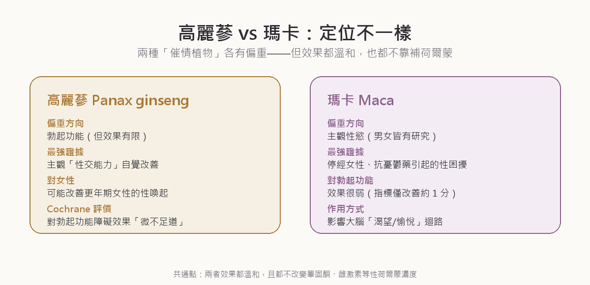 高麗蔘與瑪卡的定位對照：高麗蔘偏向勃起功能但 Cochrane 評為效果微不足道、對更年期女性性喚起可能有幫助；瑪卡偏向主觀性慾、對停經女性與抗憂鬱藥引起的性功能困擾較有參考價值；兩者都不改變性荷爾蒙濃度