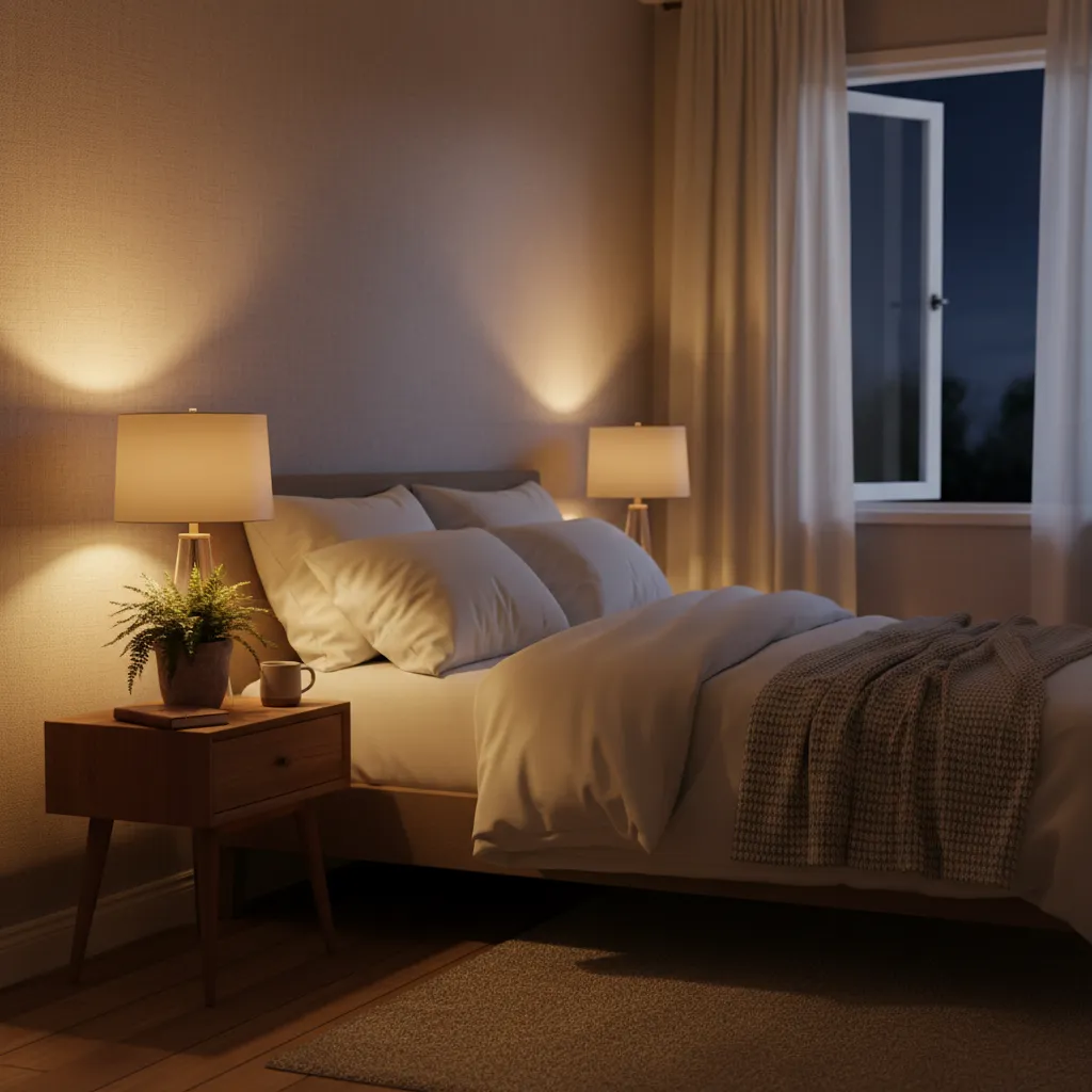 溫暖舒適的臥室夜景,營造安穩的睡眠氛圍