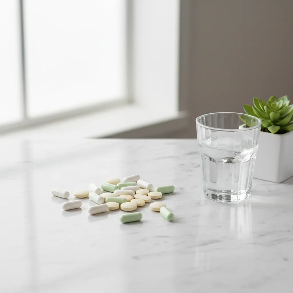 各種補充品膠囊散放在大理石桌面上