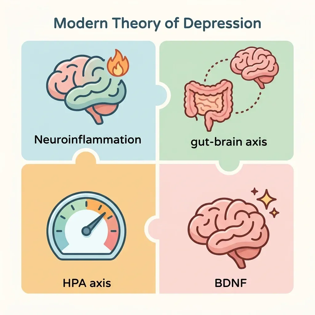 現代憂鬱症四大假說：神經發炎、腸腦軸、HPA 軸、BDNF