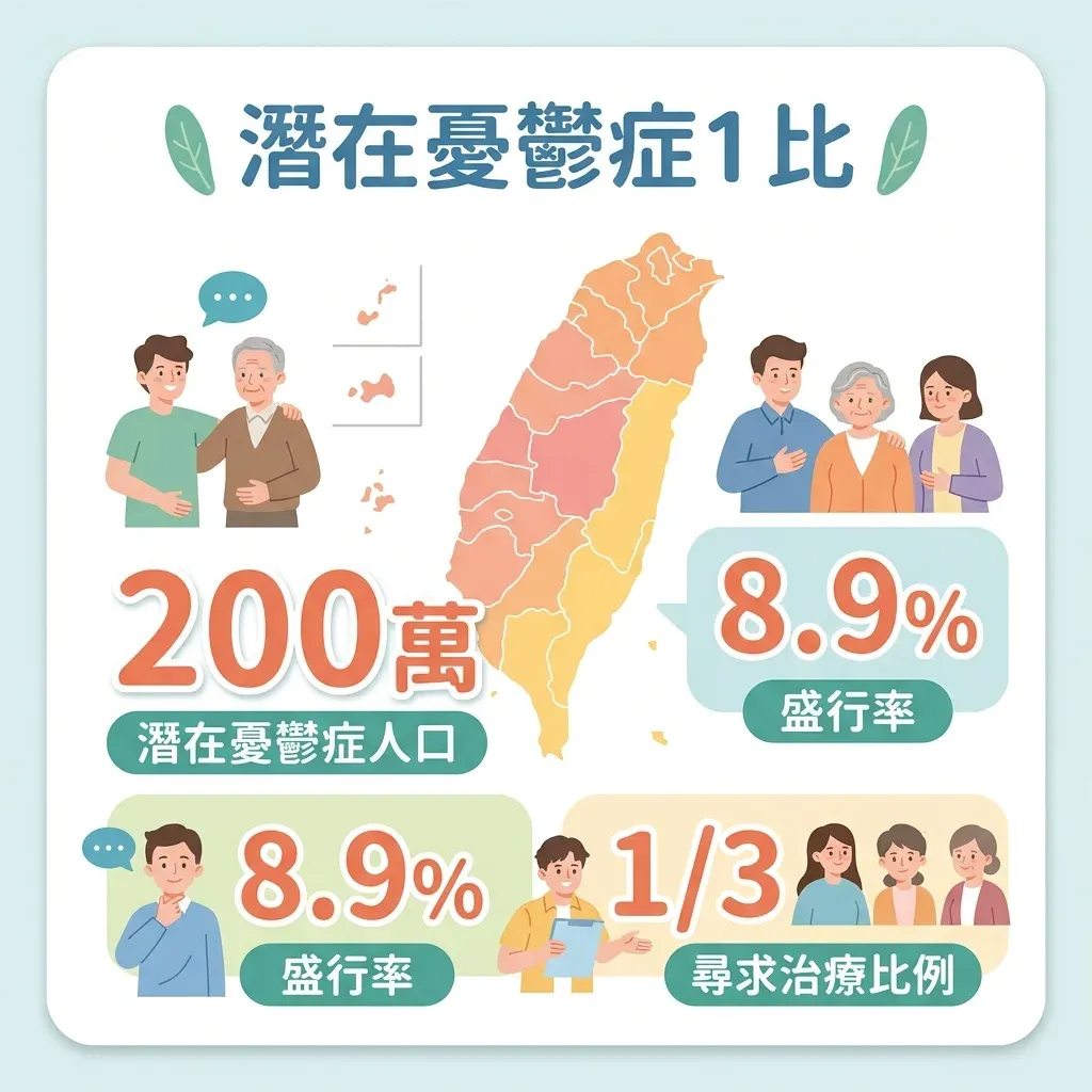 台灣憂鬱症數據：約 200 萬人有症狀，盛行率 8.9%，僅三分之一尋求治療