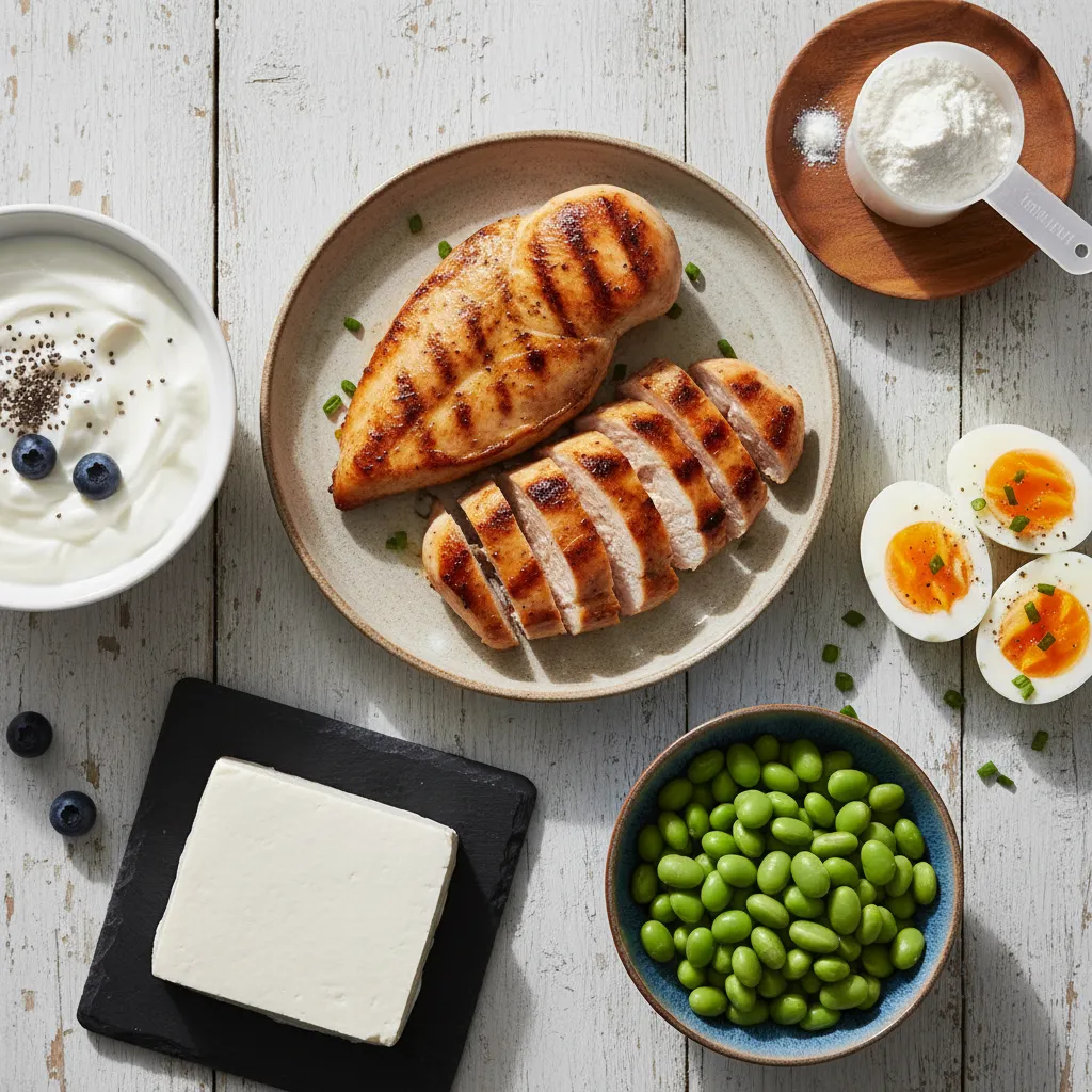 各種高蛋白食物的俯拍照：雞胸肉、希臘優格、水煮蛋、豆腐、毛豆