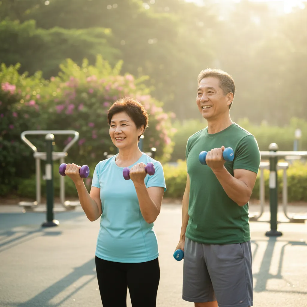 長者在公園一起做輕量啞鈴運動