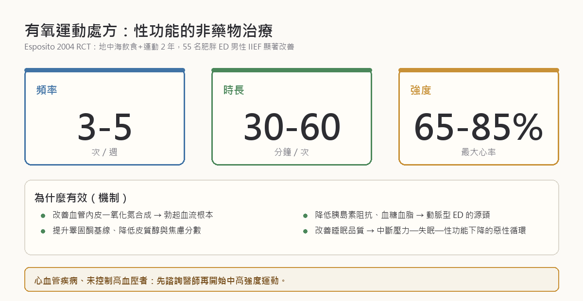有氧運動處方視覺化：每週 3-5 次、每次 30-60 分鐘、強度達最大心率 65-85%；機制包含改善血管內皮一氧化氮合成、降低胰島素阻抗、提升睪固酮基線、改善睡眠品質