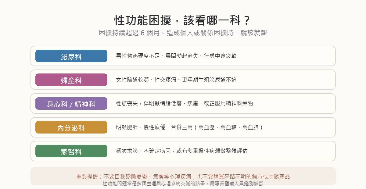 性功能困擾就醫分科導覽：男性勃起困難看泌尿科、女性陰道乾澀或性交疼痛看婦產科、性慾喪失伴情緒低落看身心科、肥胖三高伴疲倦看內分泌科、初次求診或多重慢性病看家醫科