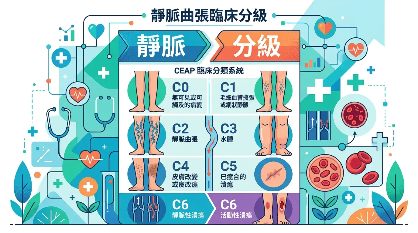 快速摘要：靜脈曲張的臨床分級（CEAP，臨床嚴重度分級）