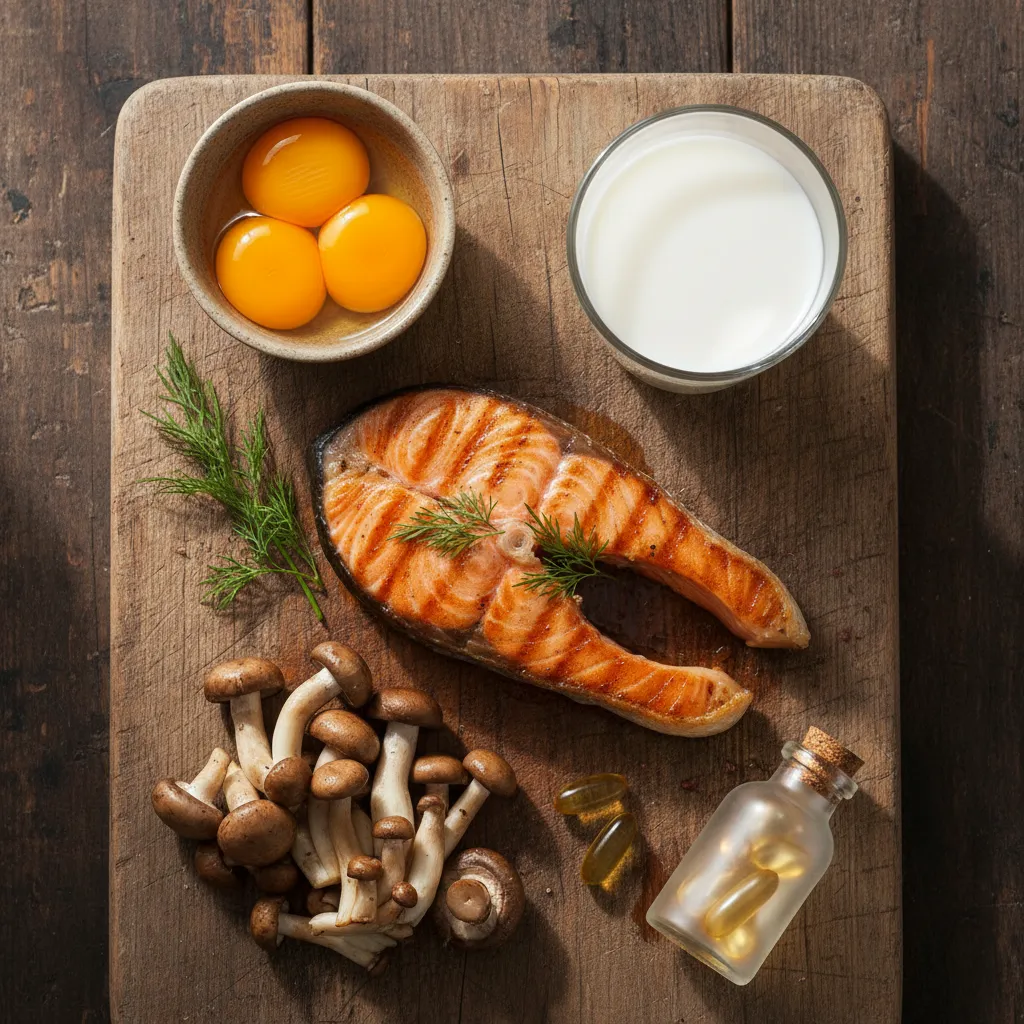 富含維生素 D 的食物:鮭魚、蛋黃、牛奶、蘑菇